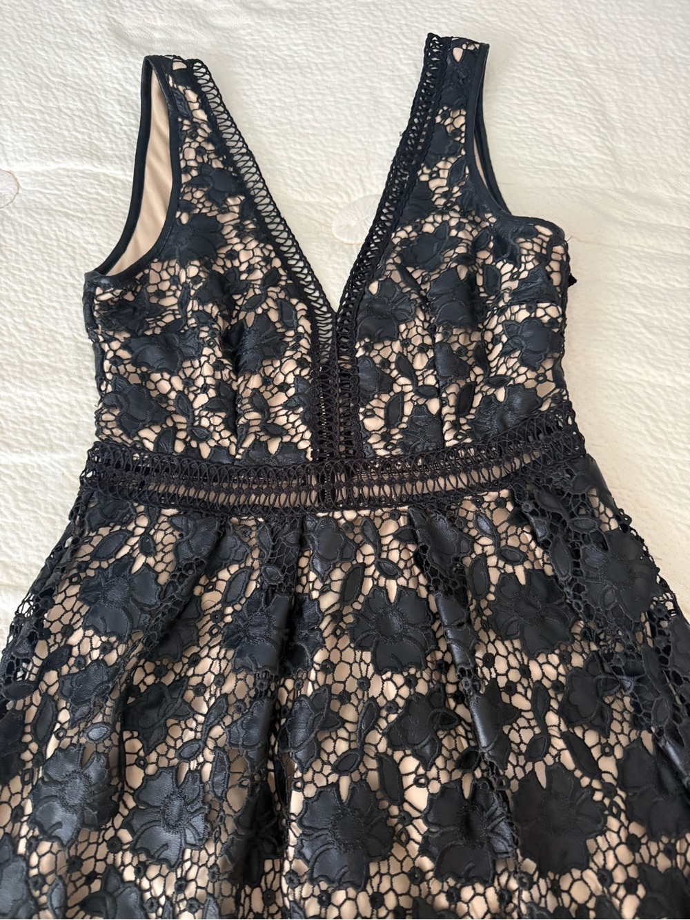 Aqua Black Floral Lace Midi Dress with Nude Lining